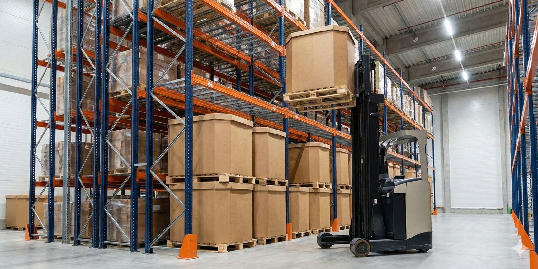 Hochregallager mit Schubmaststapler, der einen gefüllten Oktabin-Behälter auf einer Palette in ein oberes Regalfach einlagert. Weitere Oktabins sind am Boden gestapelt. Die Halle ist modern und hell beleuchtet.